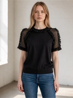 Sioni Black Short-Sleeve Ruffle Mesh Tee